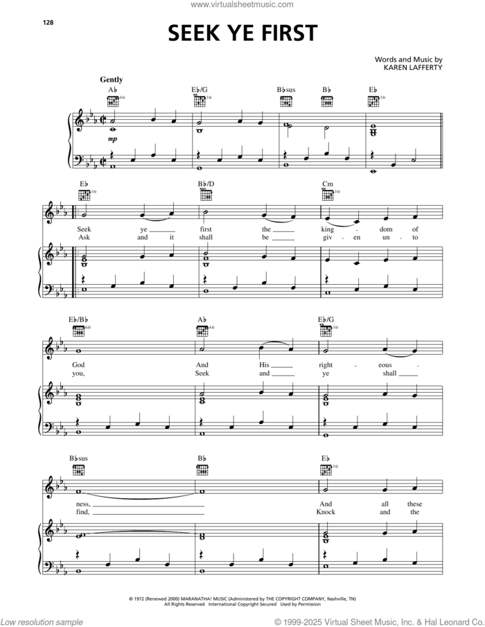 Seek Ye First sheet music for voice, piano or guitar by Karen Lafferty, intermediate skill level