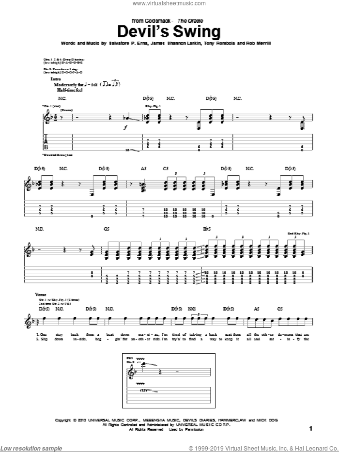 Devil's Swing sheet music for guitar (tablature) by Godsmack, James Shannon Larkin, Rob Merrill, Salvatore P. Erna and Tony Rombola, intermediate skill level