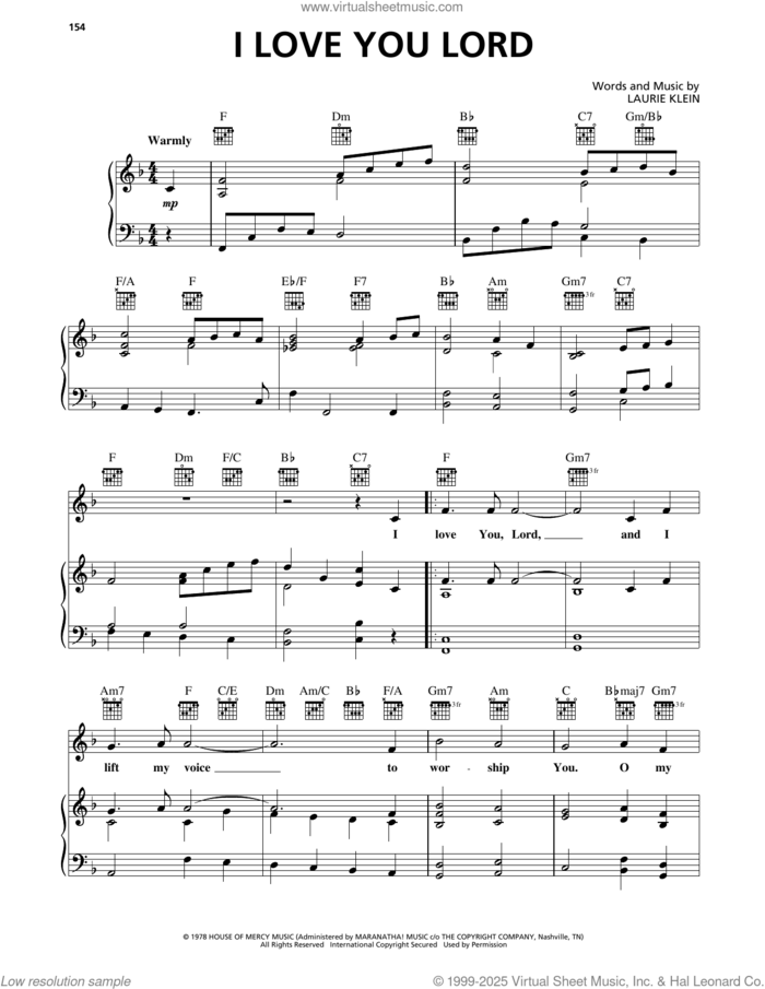 I Love You Lord sheet music for voice, piano or guitar by Laurie Klein, intermediate skill level