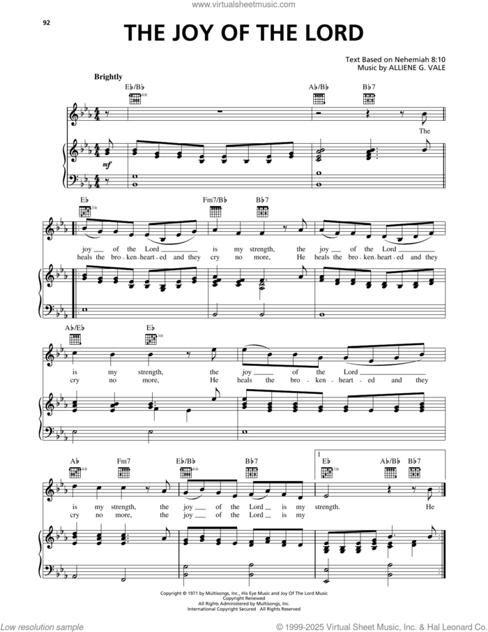 Joy Of The Lord sheet music for voice, piano or guitar by Alliene Vale, intermediate skill level