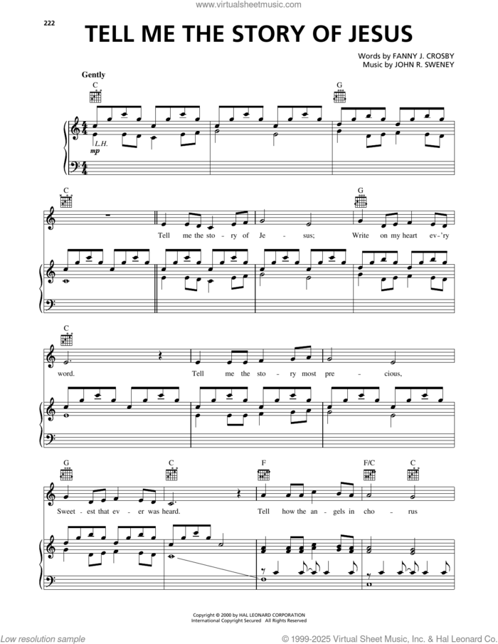 Tell Me The Story Of Jesus sheet music for voice, piano or guitar by Fanny J. Crosby and John R. Sweney, intermediate skill level