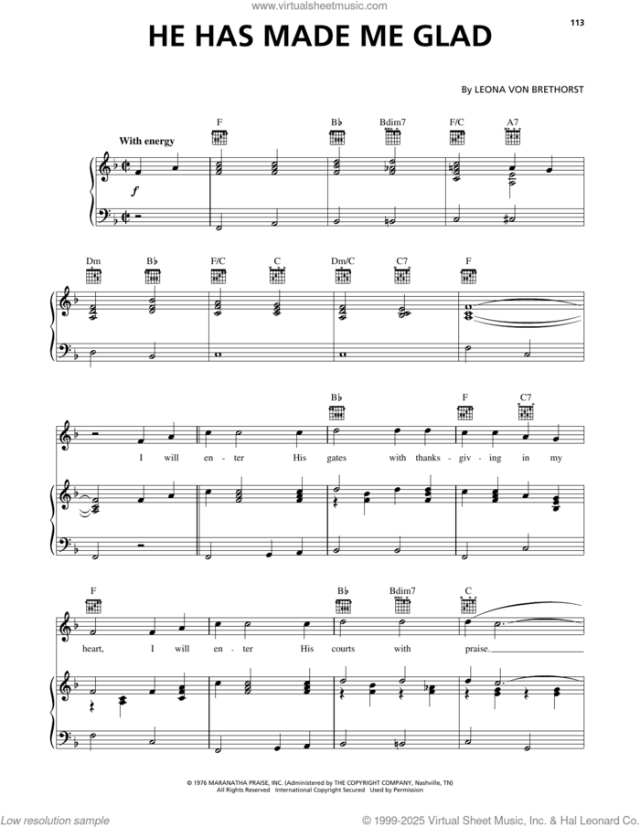 He Has Made Me Glad (I Will Enter His Gates) sheet music for voice, piano or guitar by Leona Von Brethorst, intermediate skill level