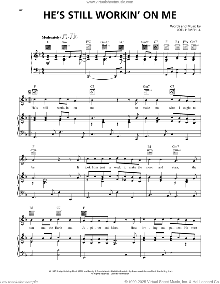 He's Still Workin' On Me sheet music for voice, piano or guitar by Joel Hemphill, intermediate skill level