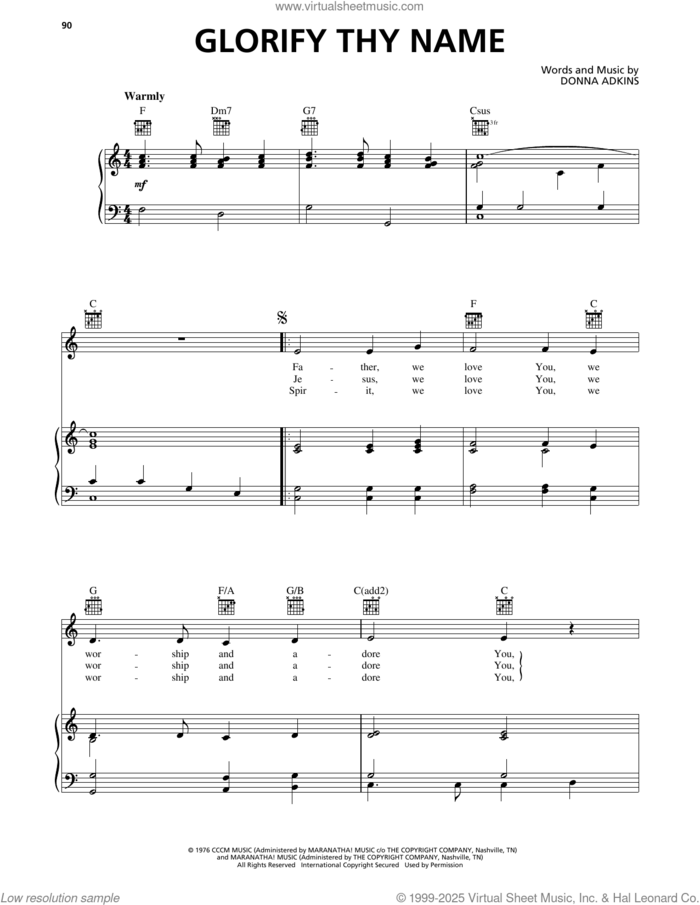 Glorify Thy Name sheet music for voice, piano or guitar by Donna Adkins, intermediate skill level