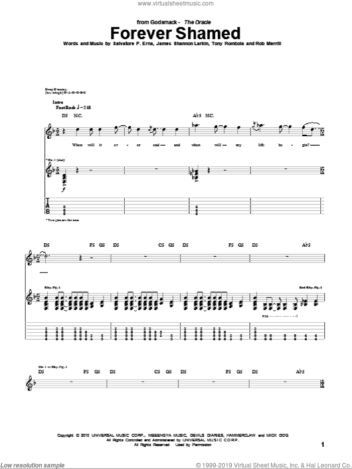 Forever Shamed sheet music for guitar (tablature) by Godsmack, James Shannon Larkin, Rob Merrill, Salvatore P. Erna and Tony Rombola, intermediate skill level