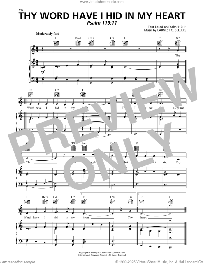 Thy Word Have I Hid In My Heart sheet music for voice, piano or guitar by Earnest O. Sellers and Psalm 119:11, intermediate skill level