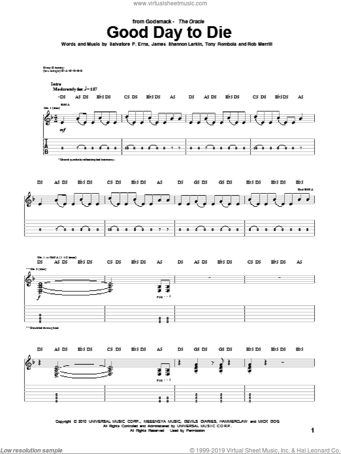 Good Day To Die sheet music for guitar (tablature) by Godsmack, James Shannon Larkin, Rob Merrill, Salvatore P. Erna and Tony Rombola, intermediate skill level