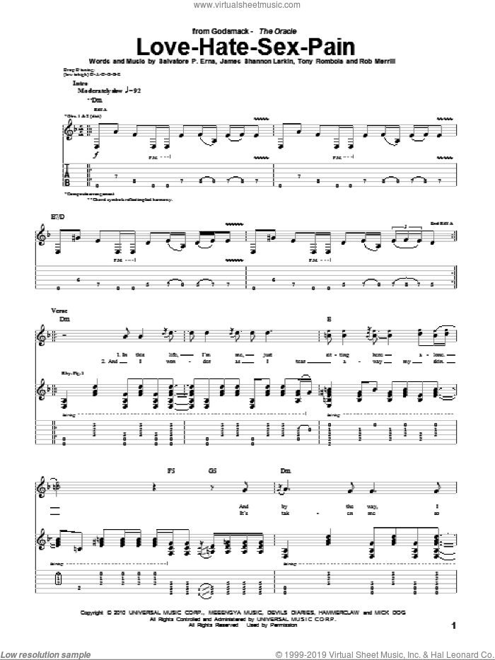 Love-Hate-Sex-Pain sheet music for guitar (tablature) by Godsmack, James Shannon Larkin, Rob Merrill, Salvatore P. Erna and Tony Rombola, intermediate skill level
