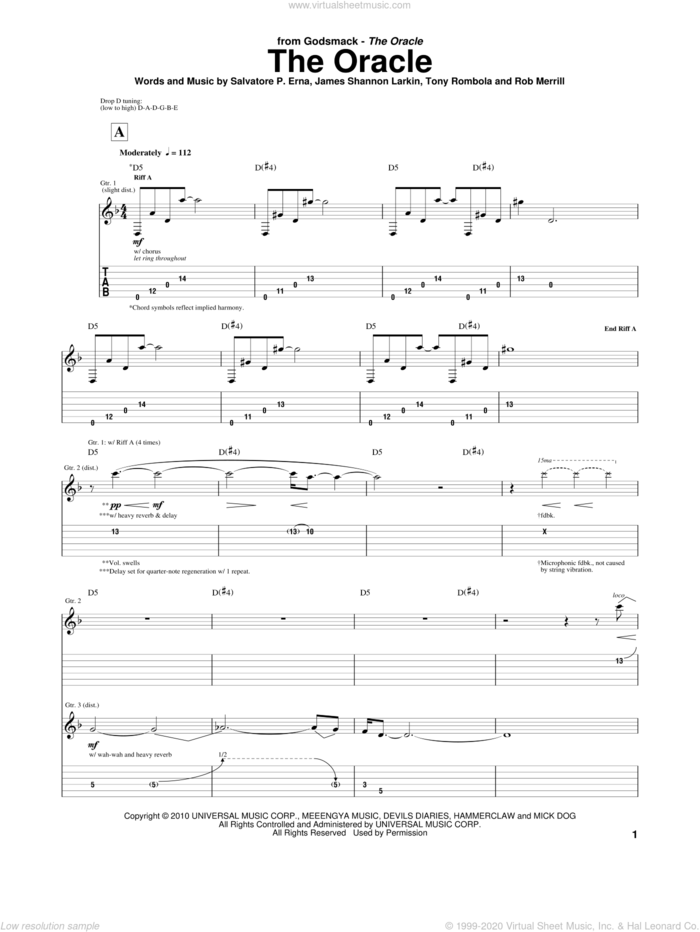 The Oracle sheet music for guitar (tablature) by Godsmack, James Shannon Larkin, Rob Merrill, Salvatore P. Erna and Tony Rombola, intermediate skill level