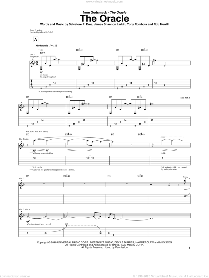 The Oracle sheet music for guitar (tablature) by Godsmack, James Shannon Larkin, Rob Merrill, Salvatore P. Erna and Tony Rombola, intermediate skill level