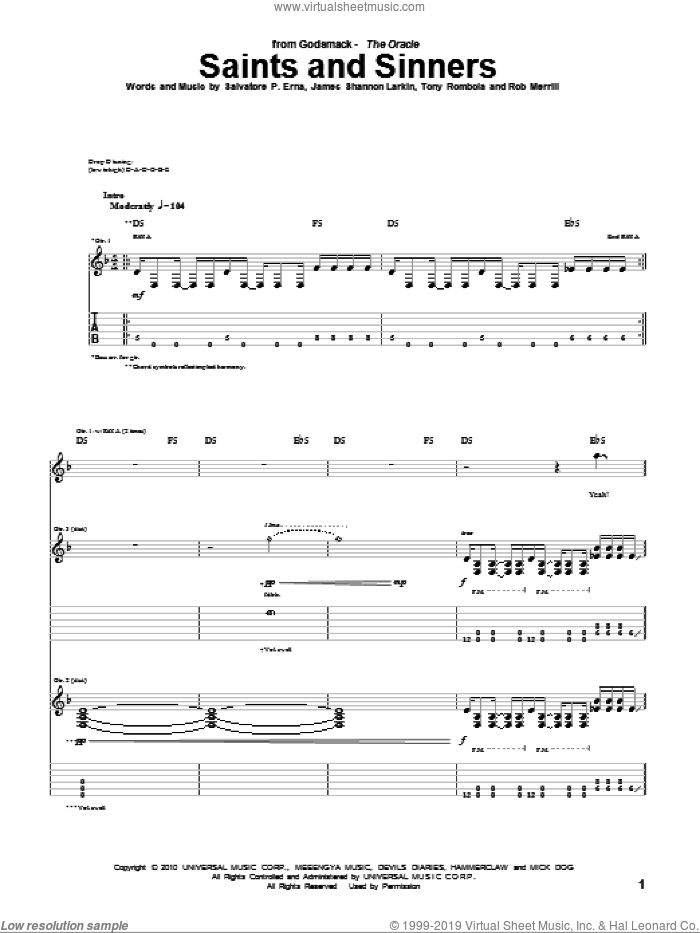 Saints And Sinners sheet music for guitar (tablature) by Godsmack, James Shannon Larkin, Rob Merrill, Salvatore P. Erna and Tony Rombola, intermediate skill level