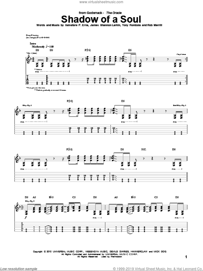 Shadow Of A Soul sheet music for guitar (tablature) by Godsmack, James Shannon Larkin, Rob Merrill, Salvatore P. Erna and Tony Rombola, intermediate skill level