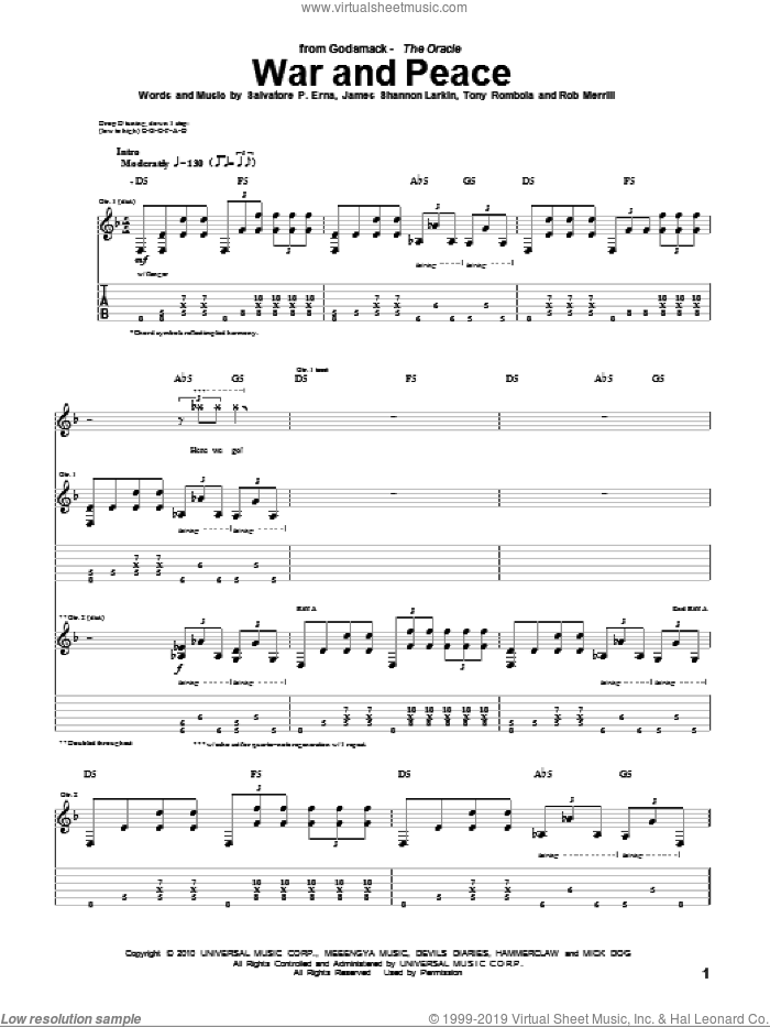War And Peace sheet music for guitar (tablature) by Godsmack, James Shannon Larkin, Rob Merrill, Salvatore P. Erna and Tony Rombola, intermediate skill level
