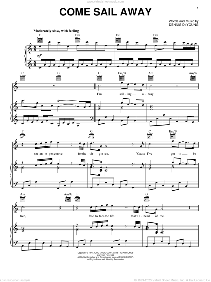 Come Sail Away sheet music for voice, piano or guitar by Styx and Dennis DeYoung, intermediate skill level