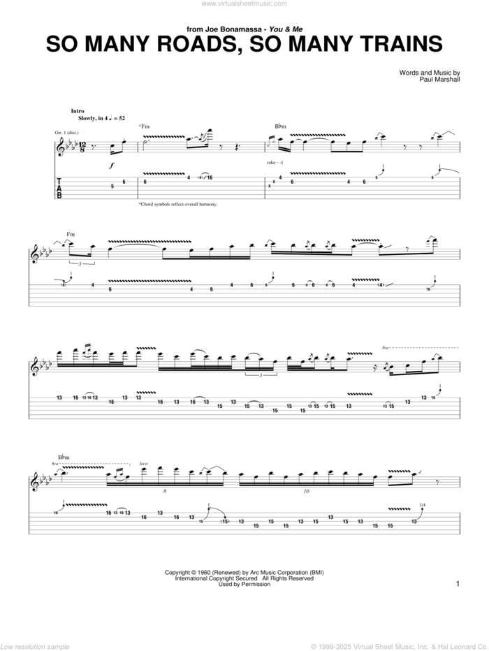 So Many Roads, So Many Trains sheet music for guitar (tablature) by Joe Bonamassa, Otis Rush and Paul Marshall, intermediate skill level