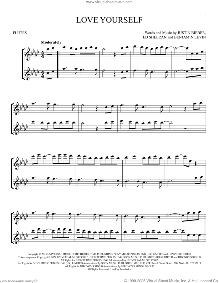 Love Yourself sheet music for two flutes (duets) by Justin Bieber, Benjamin Levin, Ed Sheeran, Joshua Gudwin and Scott Braun, intermediate skill level