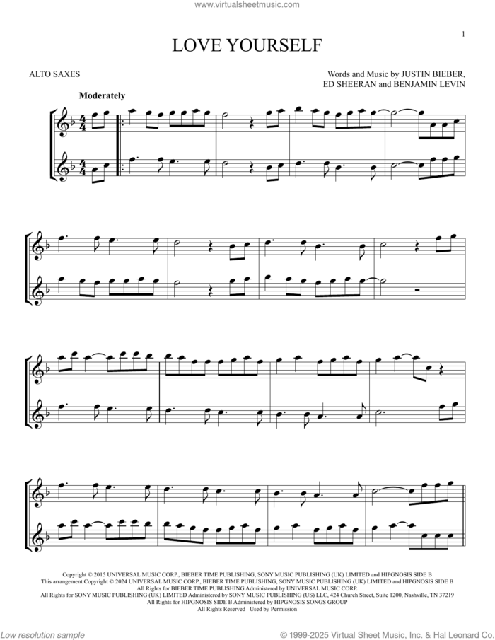 Love Yourself sheet music for two alto saxophones (duets) by Justin Bieber, Benjamin Levin, Ed Sheeran, Joshua Gudwin and Scott Braun, intermediate skill level