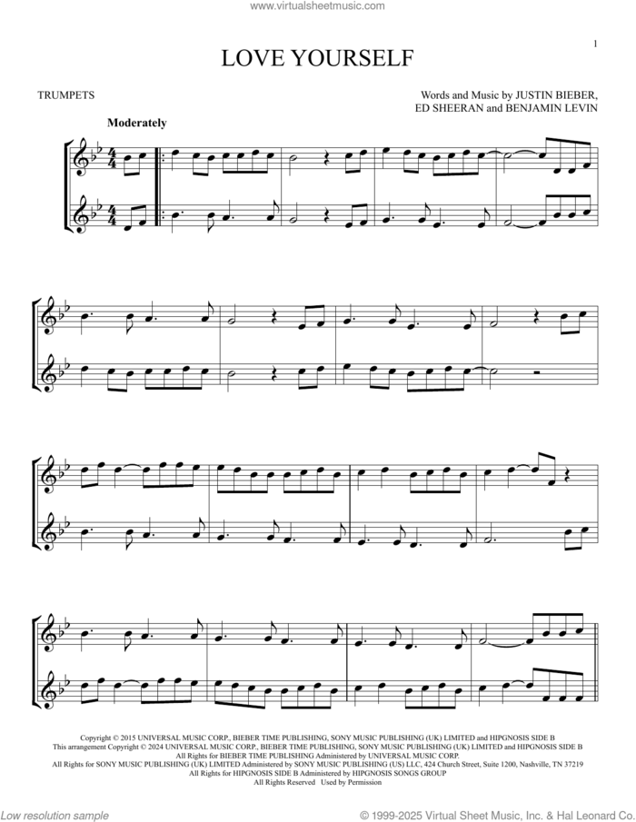 Love Yourself sheet music for two trumpets (duet, duets) by Justin Bieber, Benjamin Levin, Ed Sheeran, Joshua Gudwin and Scott Braun, intermediate skill level