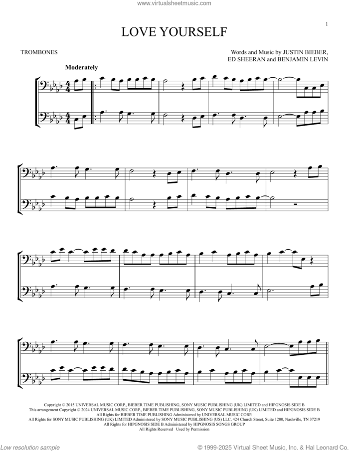 Love Yourself sheet music for two trombones (duet, duets) by Justin Bieber, Benjamin Levin, Ed Sheeran, Joshua Gudwin and Scott Braun, intermediate skill level