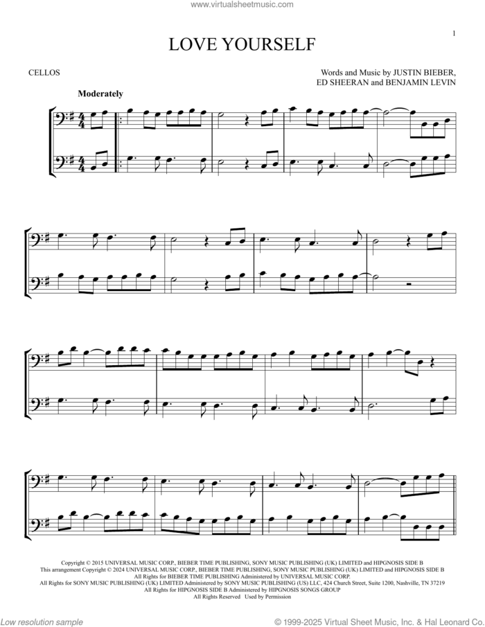 Love Yourself sheet music for two cellos (duet, duets) by Justin Bieber, Benjamin Levin, Ed Sheeran, Joshua Gudwin and Scott Braun, intermediate skill level