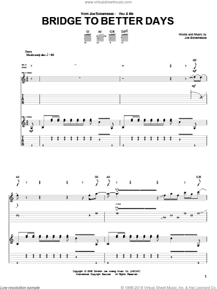 Bridge To Better Days sheet music for guitar (tablature) by Joe Bonamassa, intermediate skill level