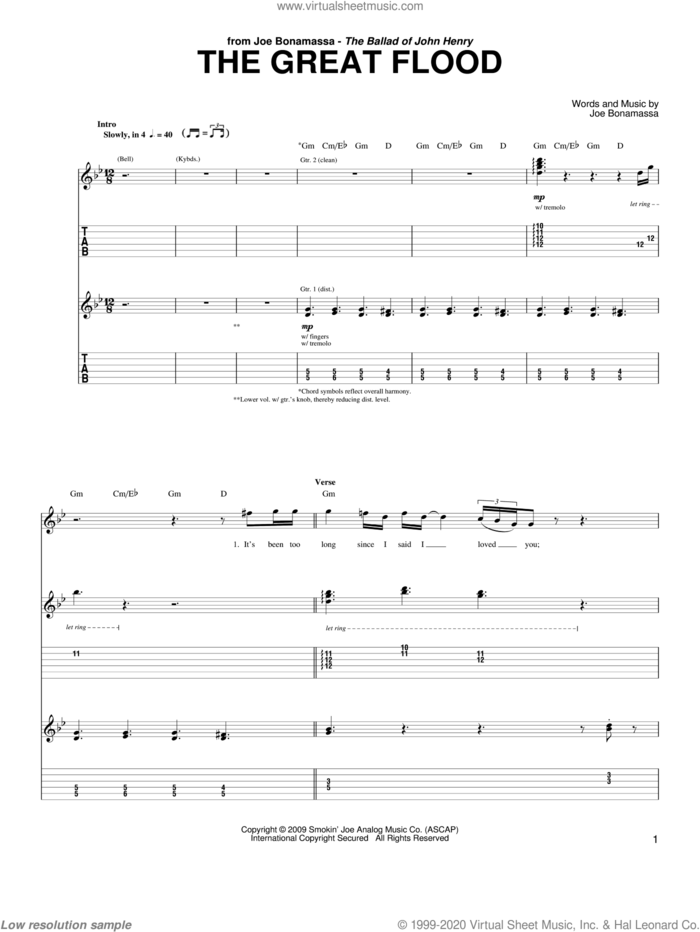 The Great Flood sheet music for guitar (tablature) by Joe Bonamassa, intermediate skill level