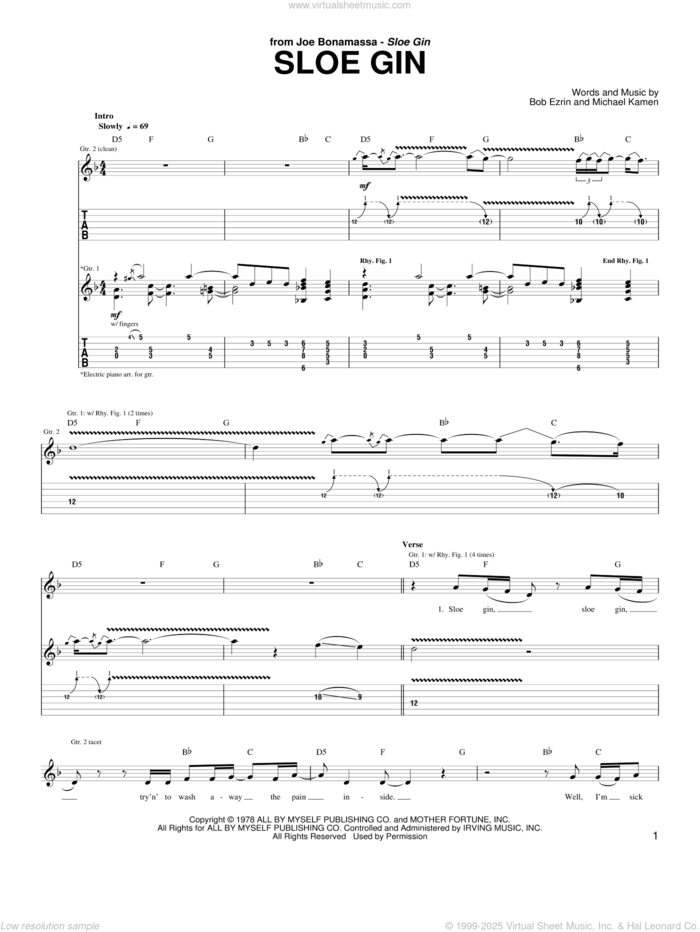 Sloe Gin sheet music for guitar (tablature) by Joe Bonamassa, Bob Ezrin and Michael Kamen, intermediate skill level