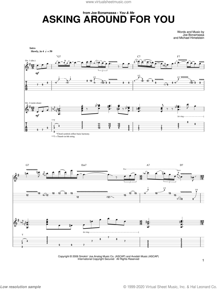 Asking Around For You sheet music for guitar (tablature) by Joe Bonamassa and Michael Himelstein, intermediate skill level