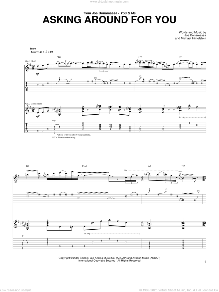 Asking Around For You sheet music for guitar (tablature) by Joe Bonamassa and Michael Himelstein, intermediate skill level