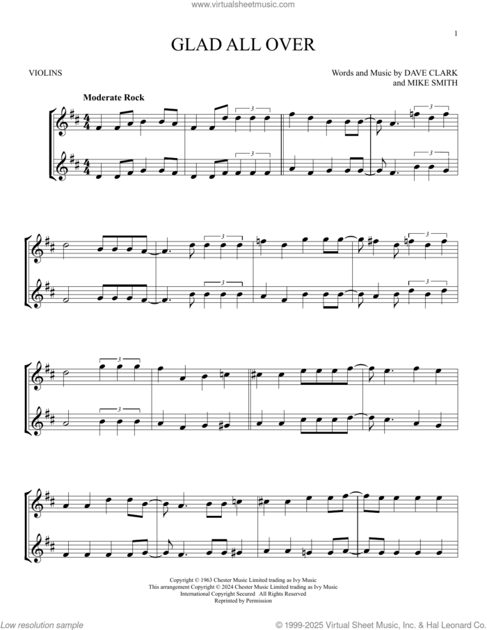 Glad All Over sheet music for two violins (duets, violin duets) by The Dave Clark Five, Dave Clark and Michael W. Smith, intermediate skill level