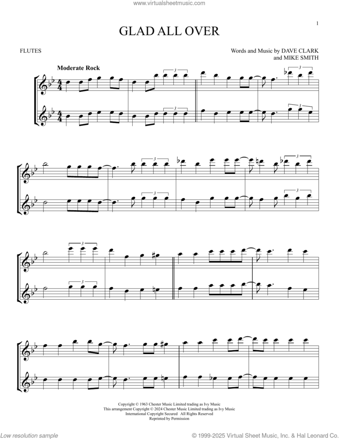 Glad All Over sheet music for two flutes (duets) by The Dave Clark Five, Dave Clark and Michael W. Smith, intermediate skill level