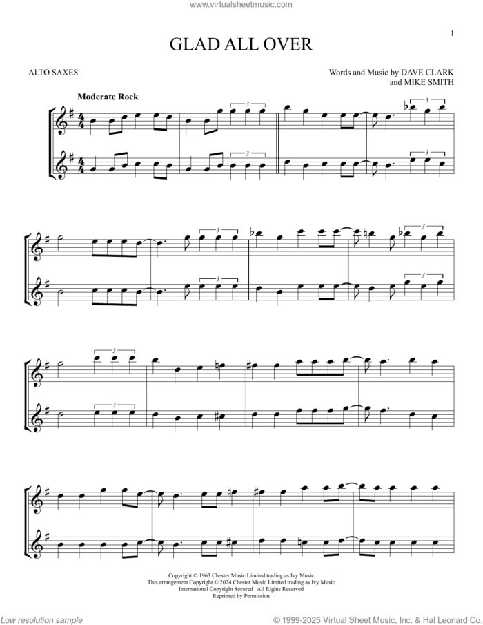 Glad All Over sheet music for two alto saxophones (duets) by The Dave Clark Five, Dave Clark and Michael W. Smith, intermediate skill level