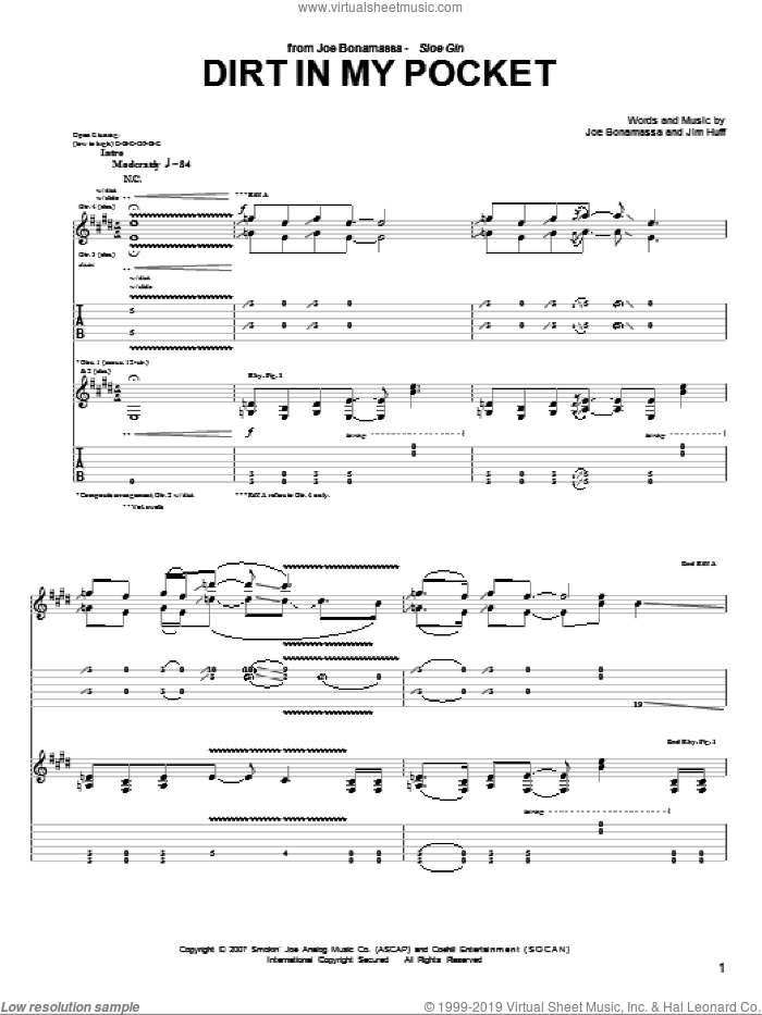Dirt In My Pocket sheet music for guitar (tablature) by Joe Bonamassa and Jim Huff, intermediate skill level