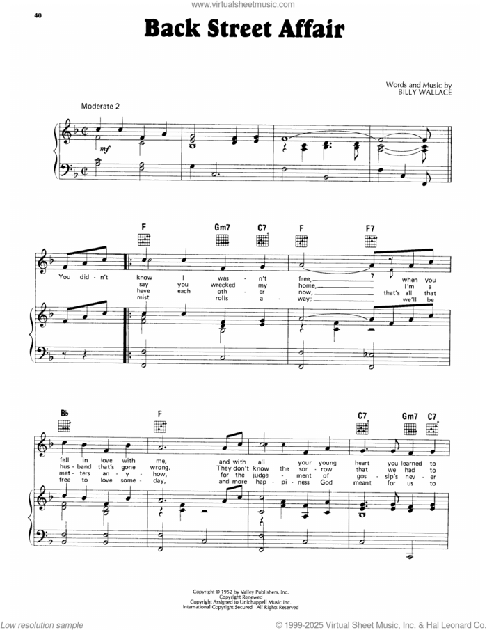 Back Street Affair sheet music for voice, piano or guitar by Webb Pierce and Billy Wallace, intermediate skill level