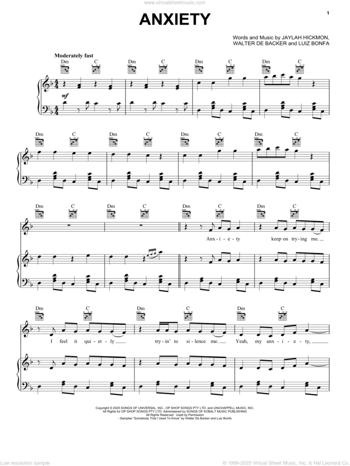 Anxiety sheet music for voice, piano or guitar by Doechii, Jaylah Hickmon, Luiz Bonfa and Walter De Backer, intermediate skill level
