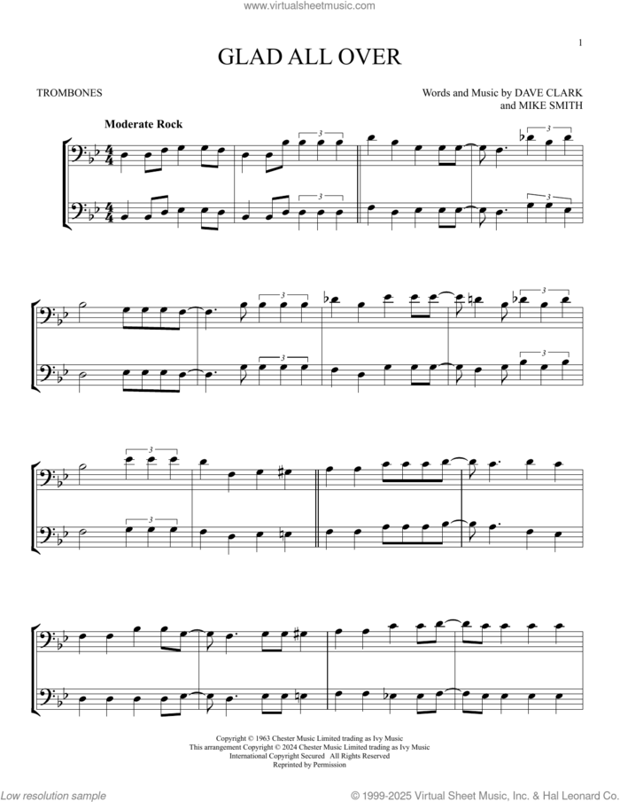 Glad All Over sheet music for two trombones (duet, duets) by The Dave Clark Five, Dave Clark and Michael W. Smith, intermediate skill level