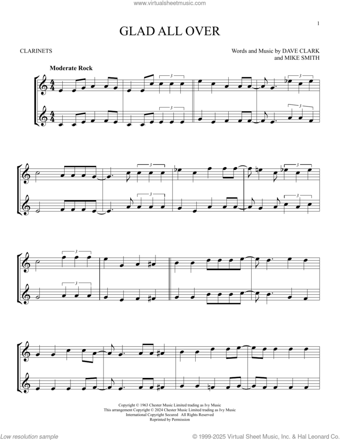 Glad All Over sheet music for two clarinets (duets) by The Dave Clark Five, Dave Clark and Michael W. Smith, intermediate skill level