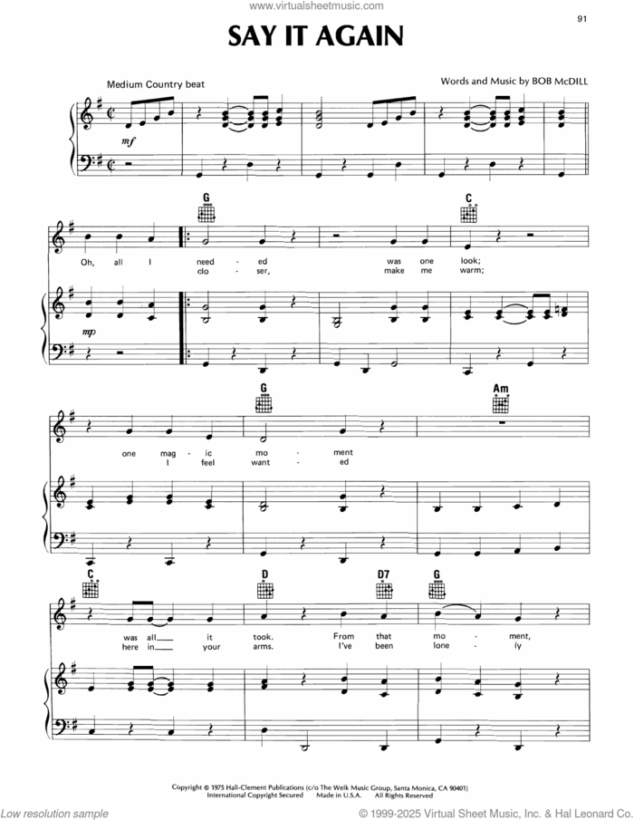 Say It Again sheet music for voice, piano or guitar by Don Williams and Bob McDill, intermediate skill level