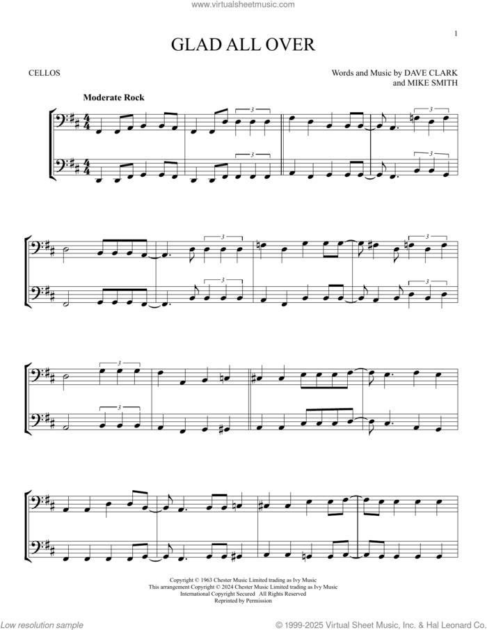 Glad All Over sheet music for two cellos (duet, duets) by The Dave Clark Five, Dave Clark and Michael W. Smith, intermediate skill level