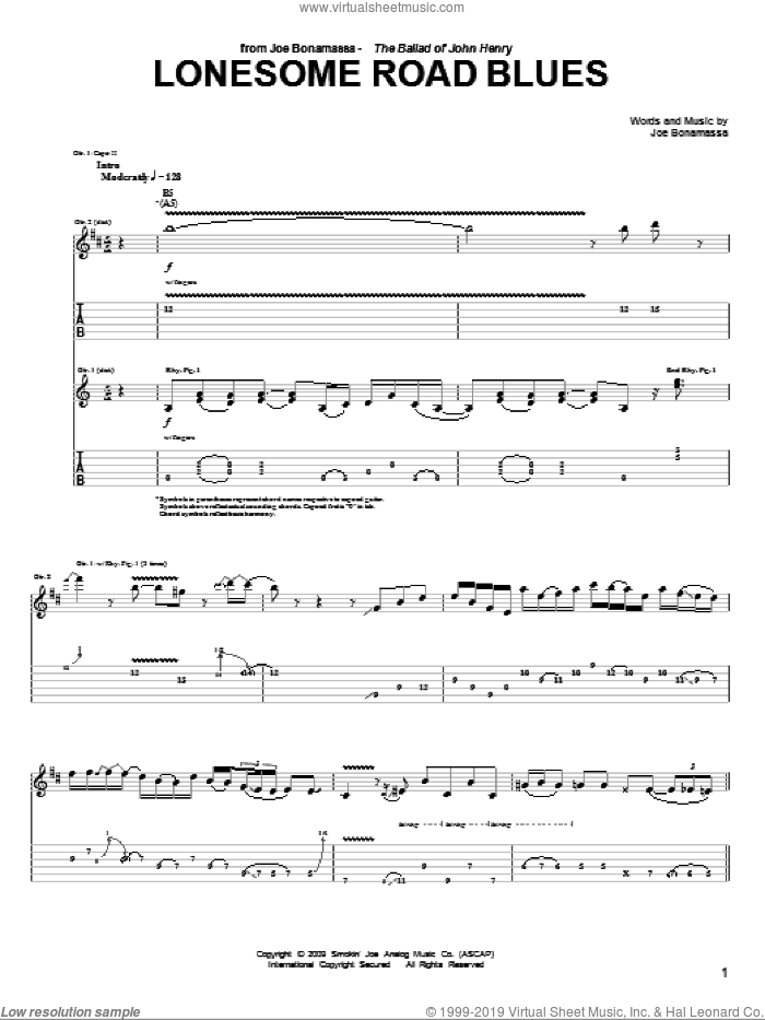Lonesome Road Blues sheet music for guitar (tablature) by Joe Bonamassa, intermediate skill level