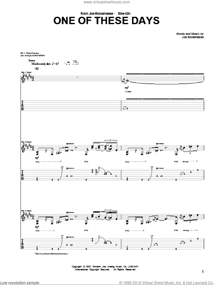 One Of These Days sheet music for guitar (tablature) by Joe Bonamassa, intermediate skill level