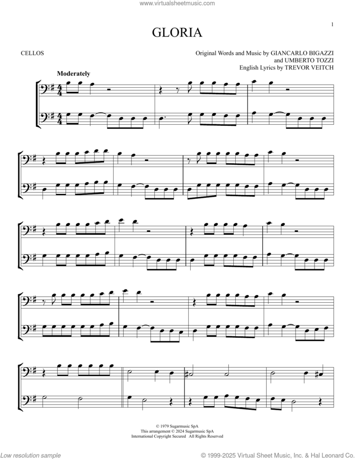 Gloria sheet music for two cellos (duet, duets) by Laura Brannigan, Giancarlo Bigazzi, Trevor Veitch and Umberto Tozzi, intermediate skill level