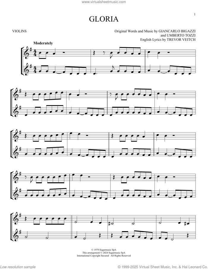 Gloria sheet music for two violins (duets, violin duets) by Laura Brannigan, Giancarlo Bigazzi, Trevor Veitch and Umberto Tozzi, intermediate skill level