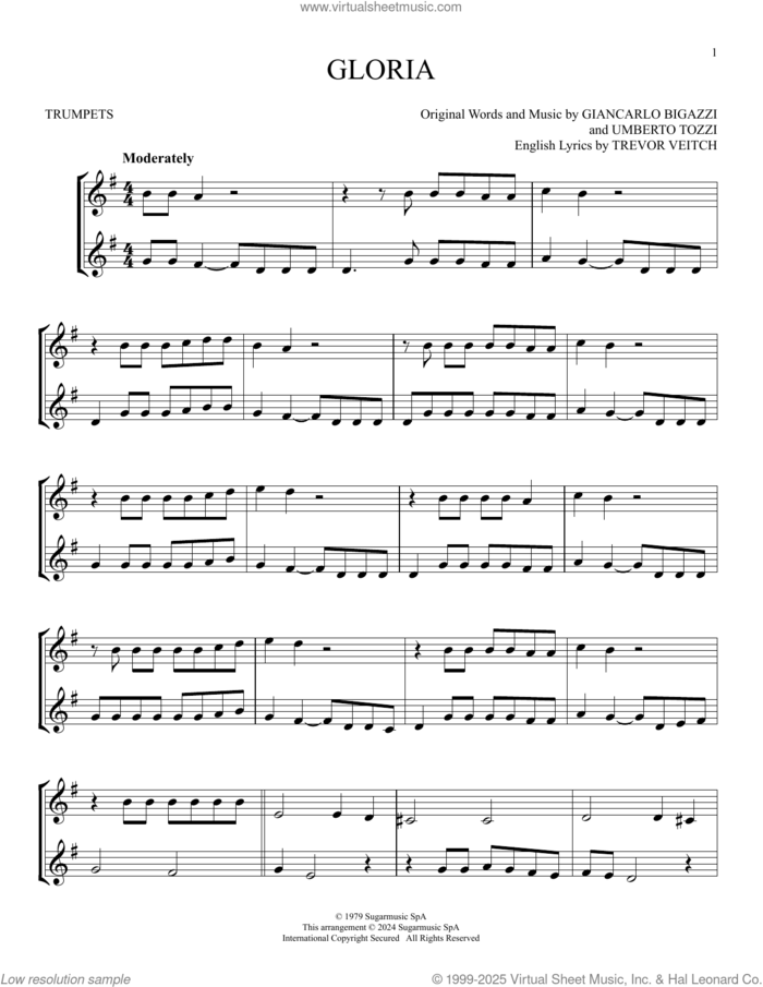 Gloria sheet music for two trumpets (duet, duets) by Laura Brannigan, Giancarlo Bigazzi, Trevor Veitch and Umberto Tozzi, intermediate skill level