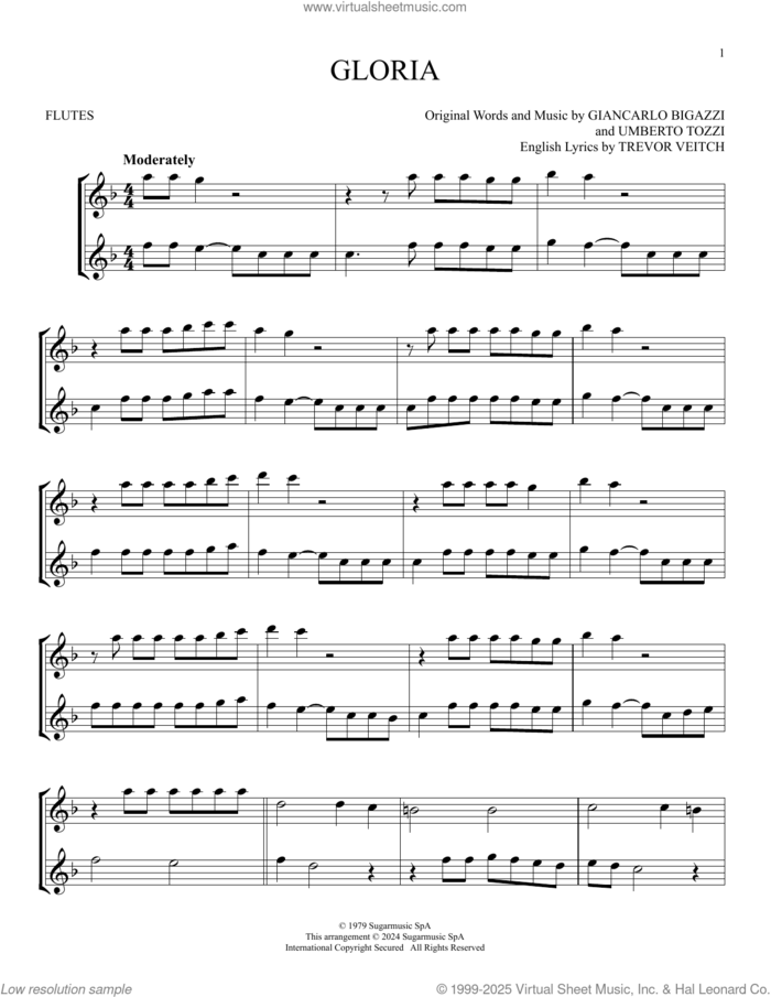 Gloria sheet music for two flutes (duets) by Laura Brannigan, Giancarlo Bigazzi, Trevor Veitch and Umberto Tozzi, intermediate skill level