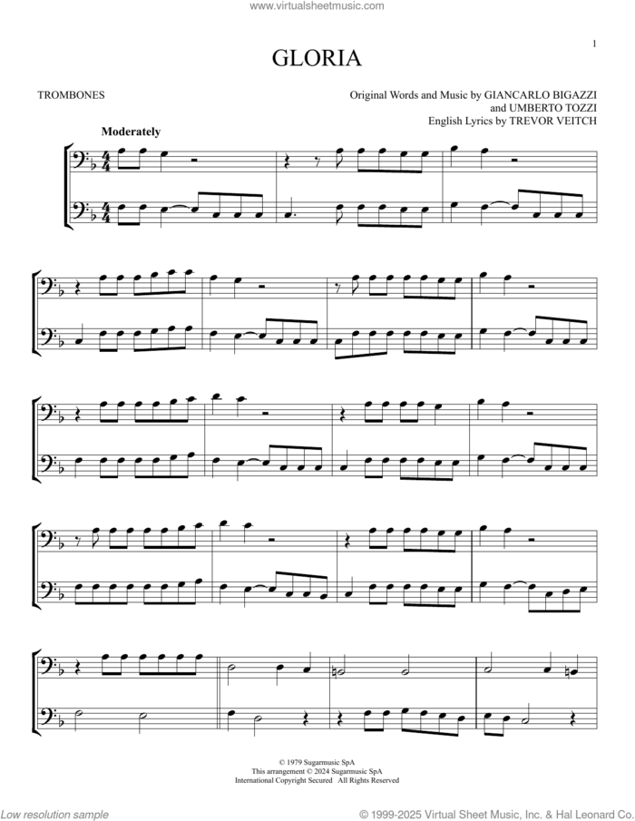 Gloria sheet music for two trombones (duet, duets) by Laura Brannigan, Giancarlo Bigazzi, Trevor Veitch and Umberto Tozzi, intermediate skill level