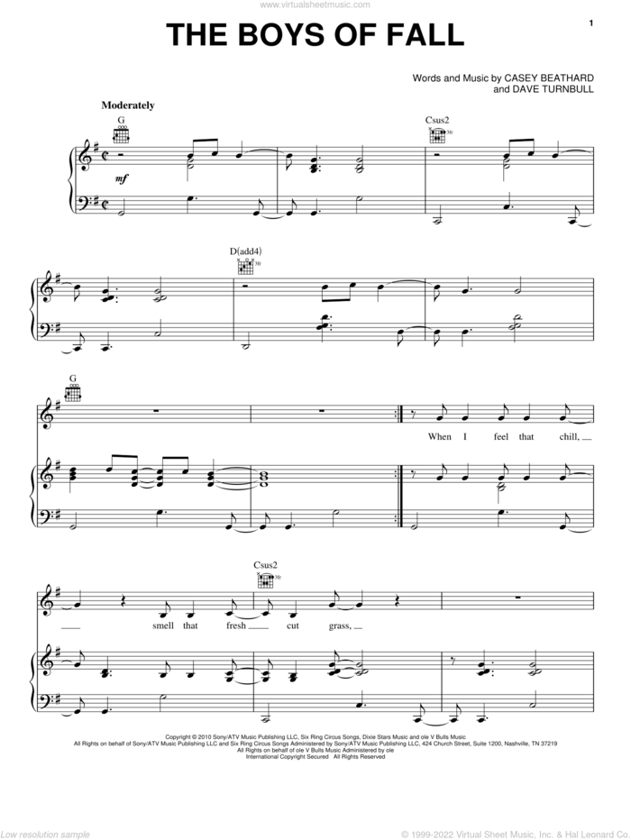 The Boys Of Fall sheet music for voice, piano or guitar by Kenny Chesney, Casey Beathard and Dave Turnbull, intermediate skill level