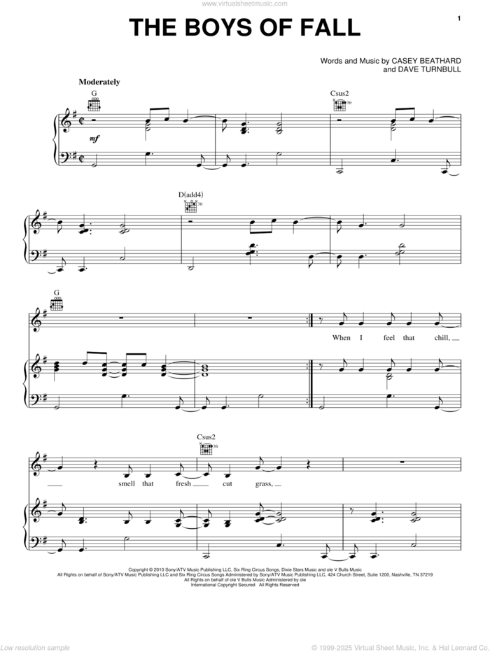 The Boys Of Fall sheet music for voice, piano or guitar by Kenny Chesney, Casey Beathard and Dave Turnbull, intermediate skill level