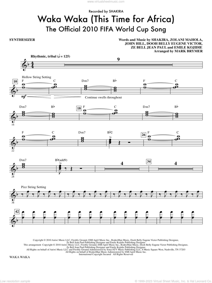 Waka Waka (This Time For Africa), the official 2010 fifa world cup song sheet music for orchestra/band (synthesizer) by John Hill, Dooh Belly Eugene Victor, Emile Kojidie, Shakira, Za Bell Jean Paul, Zolani Mahola and Mark Brymer, intermediate skill level