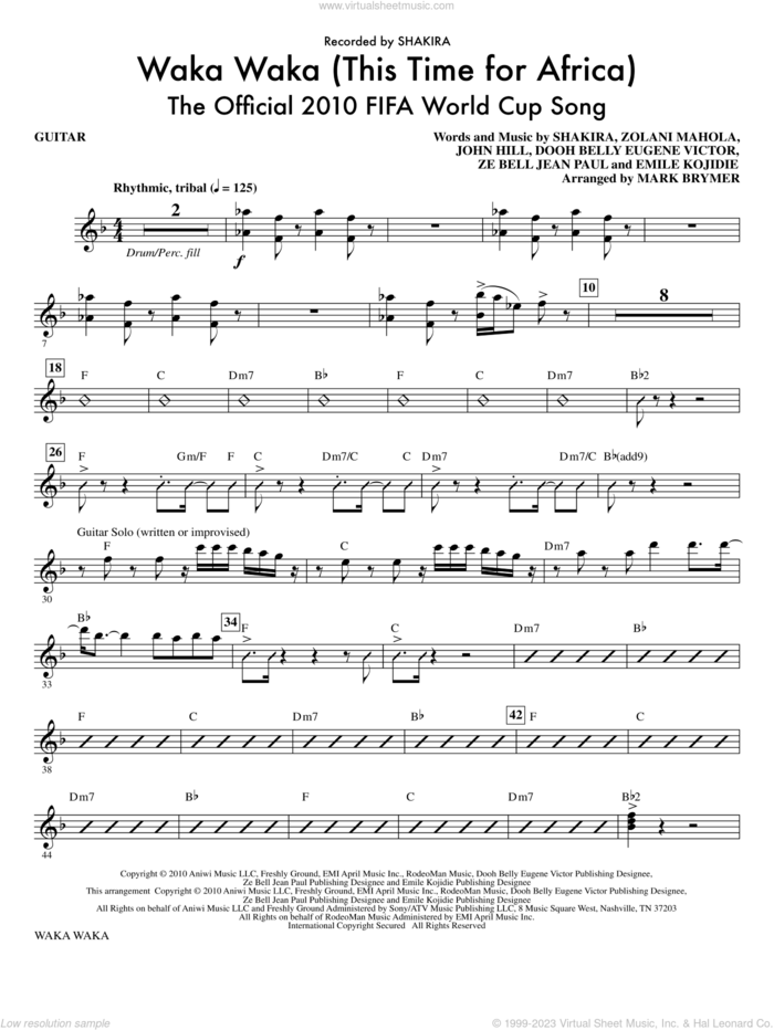 Waka Waka (This Time For Africa), the official 2010 fifa world cup song sheet music for orchestra/band (guitar) by John Hill, Dooh Belly Eugene Victor, Emile Kojidie, Shakira, Za Bell Jean Paul, Zolani Mahola and Mark Brymer, intermediate skill level